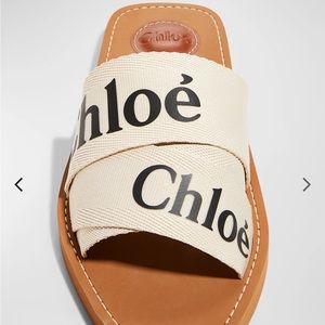 Chloe Woody Flat Logo Ribbon Slides in White | Size 10/40